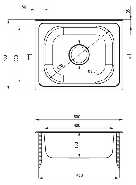 Deante Techno, nerezový dřez na desku 1-komorový B/O 500x400x150 3,5" + sifon, vzor satyna, ZEU_010A