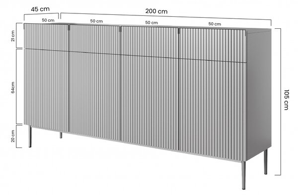 Moderní komoda Nicole 200 cm čtyřdveřová se zásuvkami s ryhovaným čelem - kašmír / černé nohy