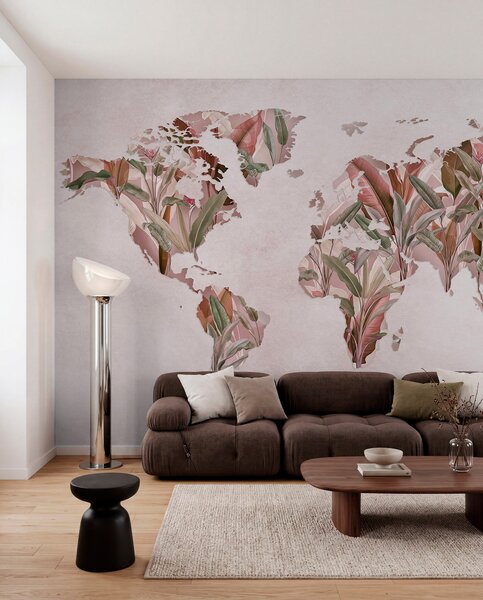 Fototapety Růžová mapa světa vyrobená z banánových listů, Fototapety mapy světa, c00007v2 : uwalls.cz