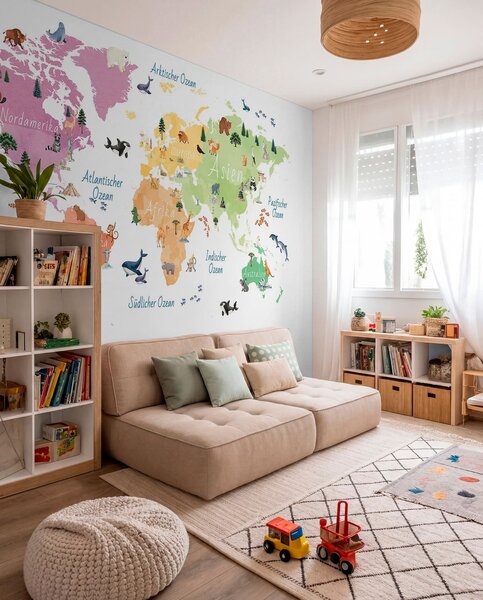 Fototapety Barevná mapa ve stylu akvarelu s vyobrazením zvířat, rostlin a architektury. Popisky v, Fototapety mapy světa, c00009de : uwalls.cz