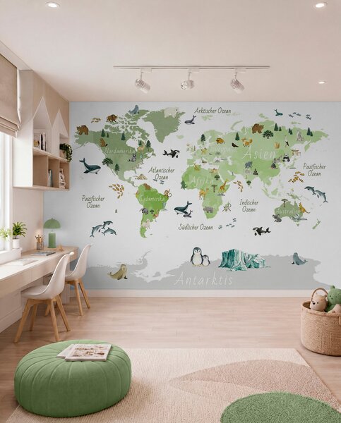 Fototapety Zelená mapa ve stylu akvarelu s motivy zvířat, rostlin a architektury. Popisky v němčině, Fototapety mapy světa, c00009dev2 : uwalls.cz