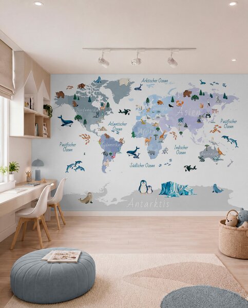 Fototapety Modrá mapa ve stylu akvarelu s motivy zvířat, rostlin a architektury. Popisky v němčině, Fototapety mapy světa, c00009dev1 : uwalls.cz
