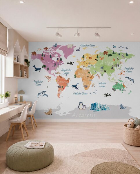 Fototapety Barevná mapa ve stylu akvarelu s vyobrazením zvířat, rostlin a architektury. Popisky v, Fototapety mapy světa, c00009de : uwalls.cz