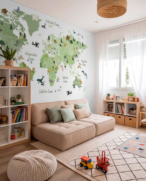 Fototapety Zelená mapa ve stylu akvarelu s motivy zvířat, rostlin a architektury. Popisky v němčině, Fototapety mapy světa, c00009dev2 : uwalls.cz