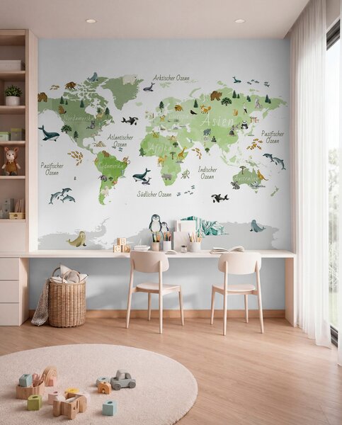 Fototapety Zelená mapa ve stylu akvarelu s motivy zvířat, rostlin a architektury. Popisky v němčině, Fototapety mapy světa, c00009dev2 : uwalls.cz