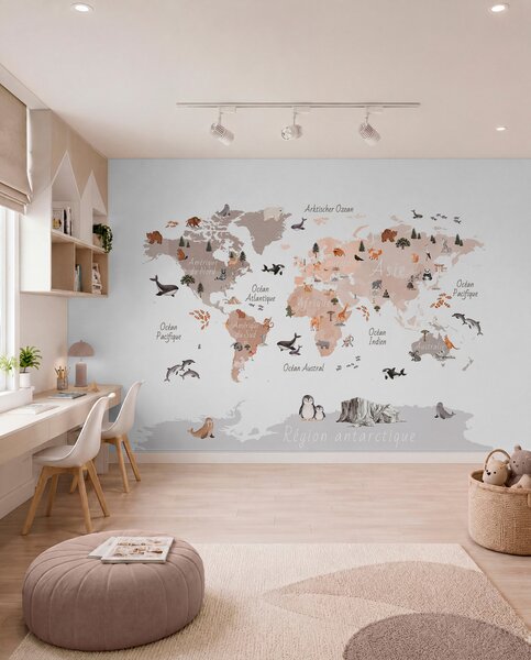 Fototapety Béžová mapa ve stylu akvarelu s motivy zvířat, rostlin a architektury. Popisky ve, Fototapety mapy světa, c00009frv3 : uwalls.cz
