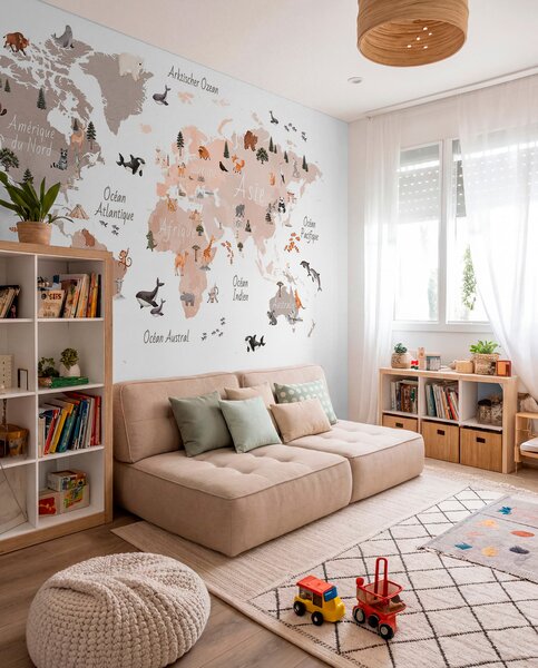 Fototapety Béžová mapa ve stylu akvarelu s motivy zvířat, rostlin a architektury. Popisky ve, Fototapety mapy světa, c00009frv3 : uwalls.cz