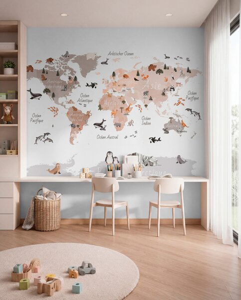 Fototapety Béžová mapa ve stylu akvarelu s motivy zvířat, rostlin a architektury. Popisky ve, Fototapety mapy světa, c00009frv3 : uwalls.cz