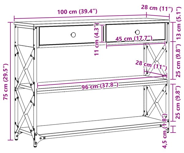 VidaXL Konzolový stolek 100 x 28 x 75 cm kompozitní dřevo [863529] Barva: dub artisan