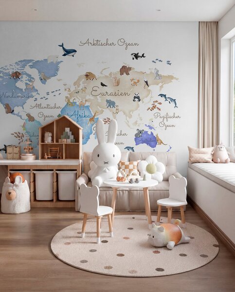 Fototapety Modrá mapa ve stylu akvarelu s motivy zvířat. Popisky v němčině, Fototapety dětské, c00012dev1 : uwalls.cz