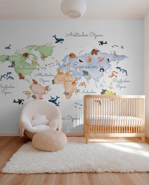 Fototapety Modrá mapa ve stylu akvarelu s motivy zvířat. Popisky v němčině, Fototapety dětské, c00012dev1 : uwalls.cz