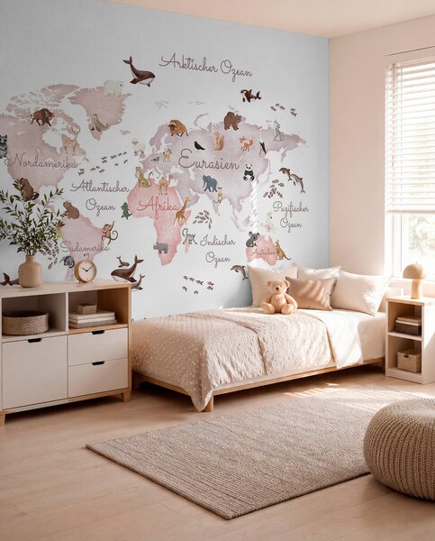 Fototapety Béžová mapa ve stylu akvarelu s motivy zvířat. Popisky v němčině, Fototapety dětské, c00012dev3 : uwalls.cz