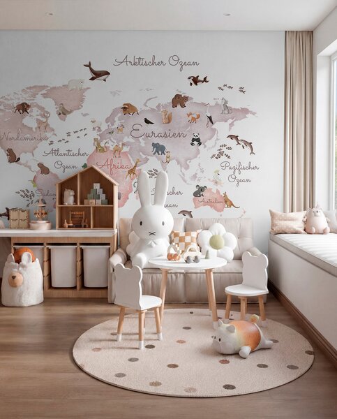 Fototapety Béžová mapa ve stylu akvarelu s motivy zvířat. Popisky v němčině, Fototapety dětské, c00012dev3 : uwalls.cz