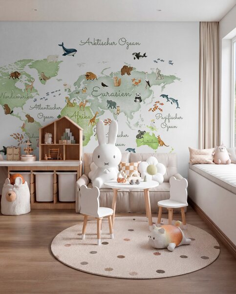 Fototapety Zelená mapa ve stylu akvarelu s vyobrazením zvířat. Popisky v němčině, Fototapety dětské, c00012dev2 : uwalls.cz