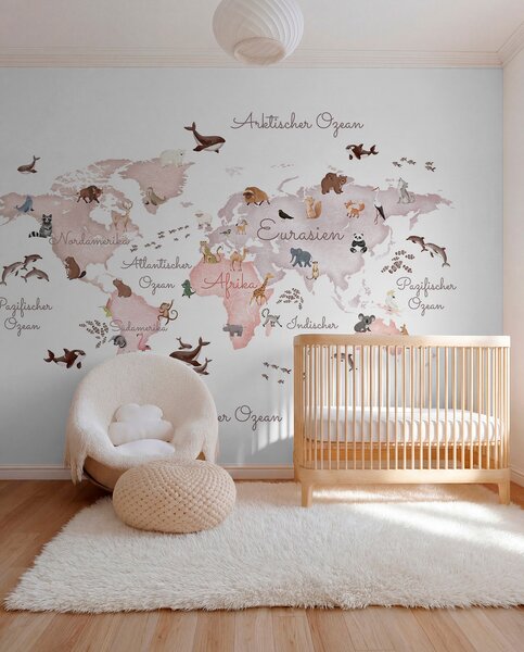 Fototapety Béžová mapa ve stylu akvarelu s motivy zvířat. Popisky v němčině, Fototapety dětské, c00012dev3 : uwalls.cz