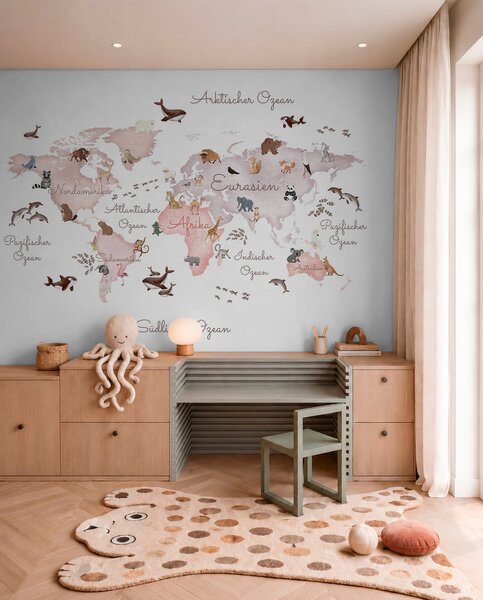 Fototapety Béžová mapa ve stylu akvarelu s motivy zvířat. Popisky v němčině, Fototapety dětské, c00012dev3 : uwalls.cz