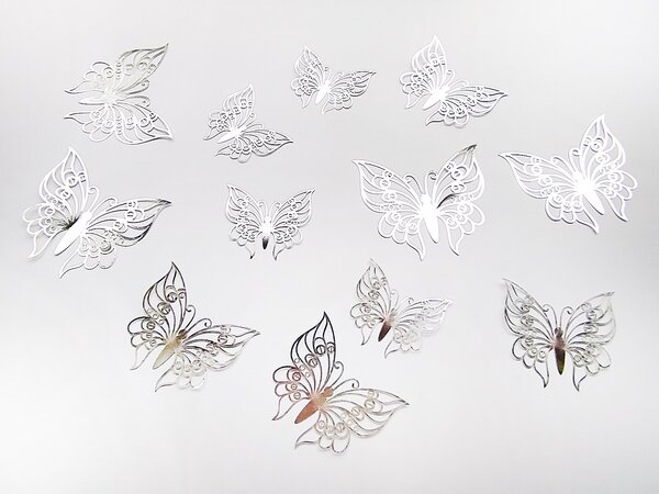 Luxusní 3D motýli na zeď stříbrní IV 8 až 12 cm