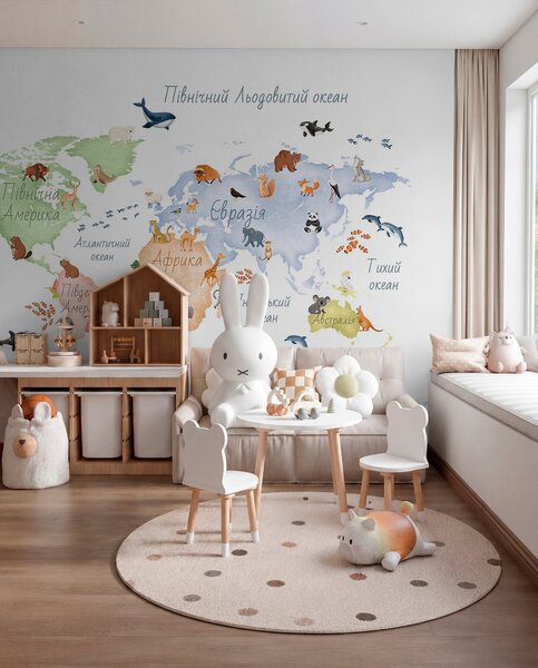 Fototapety Barevná mapa ve stylu akvarelu s vyobrazením zvířat. Popisky v ukrajinštině, Fototapety mapy světa, c00012uk : uwalls.cz