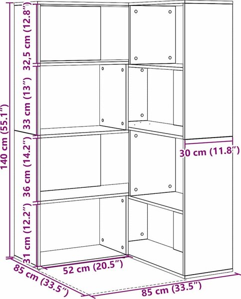 VidaXL Rohová knihovna 4patrová 85 x 85 x 140 cm kompozit [3345124] Barva: dub artisan