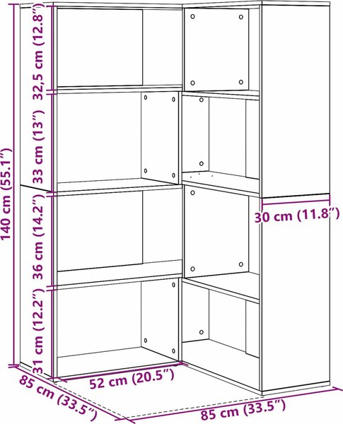 VidaXL Rohová knihovna 4patrová 85 x 85 x 140 cm kompozit [3345124] Barva: dub artisan