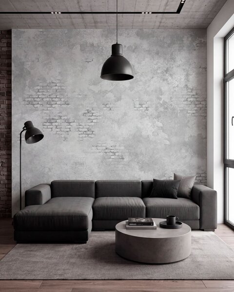 Fototapety Šedá omítka ve stylu grunge s prvky obnažených cihel, Fototapety Průmyslový styl, w05161v2 : uwalls.cz