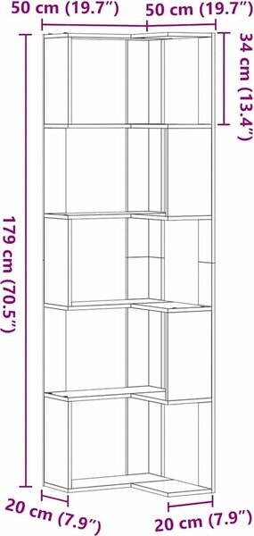 VidaXL Rohová 5patrová knihovna 50 x 50 x 179 cm kompozit [868049] Barva: kouřový dub