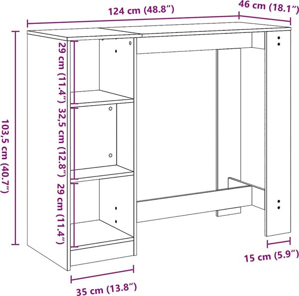 VidaXL Barový stůl s policí 124 x 46 x 103,5 cm kompozit [868077] Barva: dub sonoma