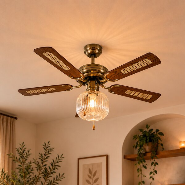 Stropní ventilátor mosazný s dřevem 107,5 cm s tahovým spínačem - Mistral Karel