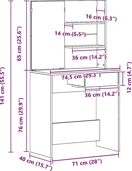VidaXL Toaletní stolek se zrcadlem 74,5 x 40 x 141 cm [862782] Barva: Bílá