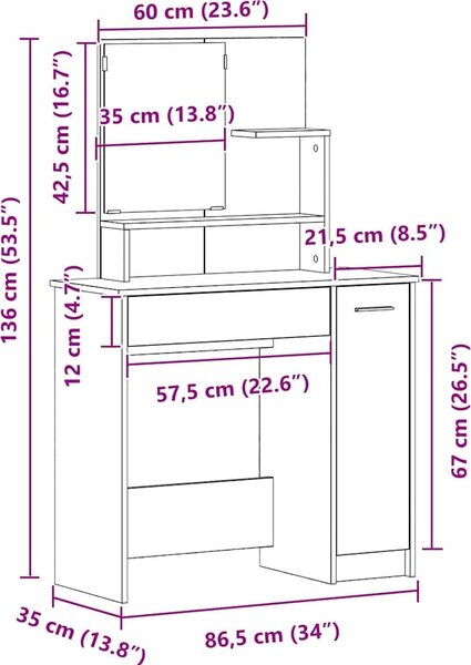 VidaXL Toaletní stolek se zrcadlem 86,5 x 35 x 136 cm [862783] Barva: dub sonoma