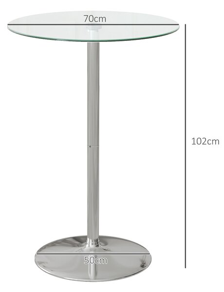 HOMCOM Moderní vysoký barový stůl, kulatý kuchyňský stůl pro 2 osoby se základnou ze železa a skleněnou deskou, Ø70x102cm, Průhledný | Aosom