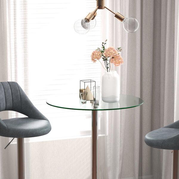 HOMCOM Moderní vysoký barový stůl, kulatý kuchyňský stůl pro 2 osoby se základnou ze železa a skleněnou deskou, Ø70x102cm, Průhledný | Aosom