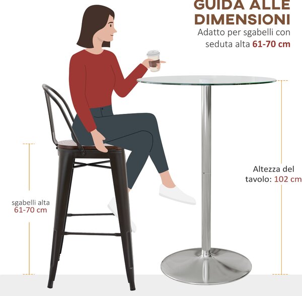 HOMCOM Moderní vysoký barový stůl, kulatý kuchyňský stůl pro 2 osoby se základnou ze železa a skleněnou deskou, Ø70x102cm, Průhledný | Aosom