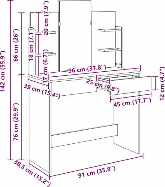 VidaXL Toaletní stolek se zrcadlem 96 x 39 x 142 cm [872031] Barva: dub sonoma