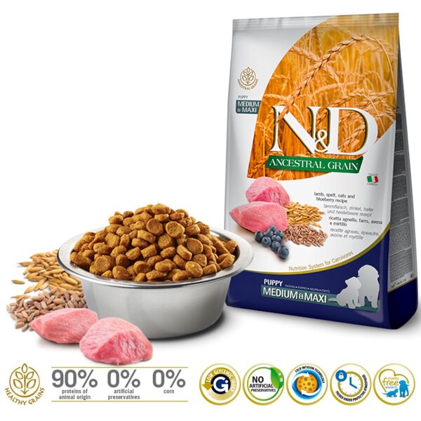 FARMINA N&D Ancestral Grain Lamb & Blueberry Puppy Medium & Maxi - suché krmivo pro štěňata - 12kg