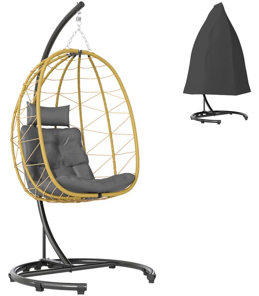 Závěsné Křeslo Outsunny do 150 kg s Skládacím Košem a Polstry, Zahradní Houpací Křeslo z Oceli a PE Rattanu, 102x102x195 cm, Černá, Šedá a Béžová | Ao