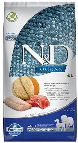 FARMINA N&D Ocean Dog Salmon, Cod, Cantaloupe, Melon Adult Medium&Maxi - suché krmivo pro psy - 12 kg