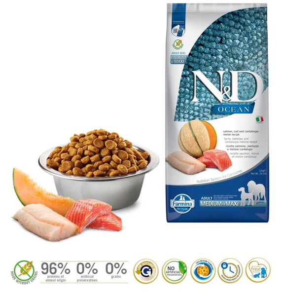 FARMINA N&D Ocean Dog Salmon, Cod, Cantaloupe, Melon Adult Medium&Maxi - suché krmivo pro psy - 12 kg