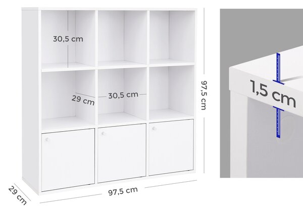 VASAGLE dřevěná knihovna bílá se 3 dvířky 97,5 x 30 x 97,5 cm volně stojící knihovna pro domácnost nebo kancelář úložný regál LBC33WT