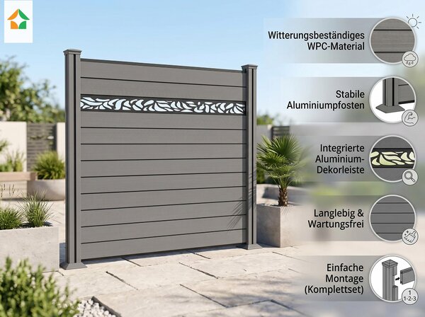 Plot z kompozitního materiálu Valla – 1 prvek, 2 sloupky s dekorativními lištami, rozměry cca 1,9 x 1,9 m