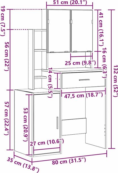 VidaXL Toaletní stolek se skříňkou 80 x 35 x 132 cm [868882] Barva: hnědý dub