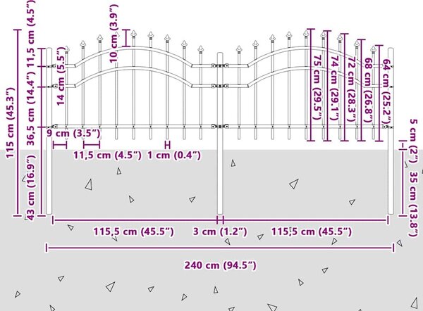 VidaXL Zahradní plot Woerden s kopím nahoře 240 x 75 cm ocelový [42003968] Barva: Černá