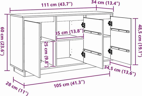 VidaXL Příborník 111 x 34 x 60 cm masivní borové dřevo [869880] Barva: Bílá
