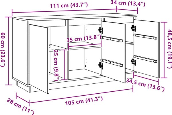 VidaXL Příborník 111 x 34 x 60 cm masivní borové dřevo [869880] Barva: Bílá