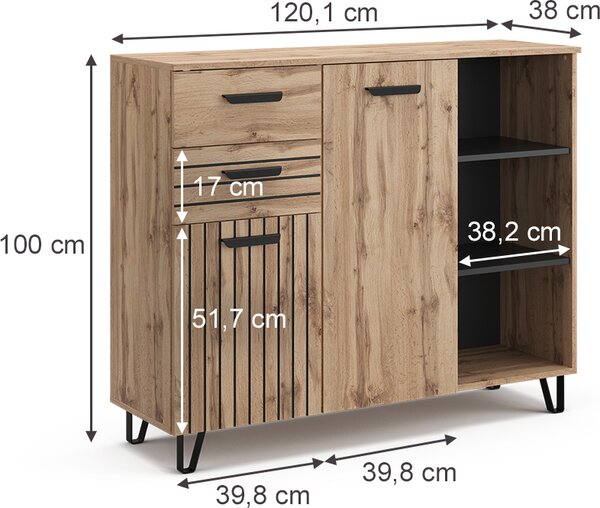 Příborník Vicco Amber Hnědá 38 x 100 cm se 2 zásuvkami a 2 dvířky, Model 47686