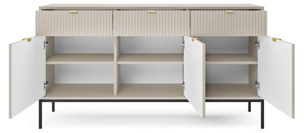 Moderní komoda s rýhovaným povrchem v barvě kašmírové béžové, se zásuvkami a černými nohami, 154 cm