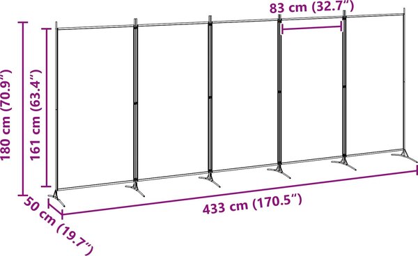 VidaXL 5dílný paraván 433x180 cm textil [42039229] Barva: Hnědá