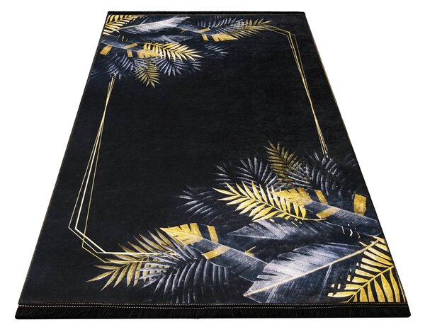 Moderní kusový koberec BLACK and GOLD 01 Listí protiskluzový černý zlatý Rozměr: 60x100 cm