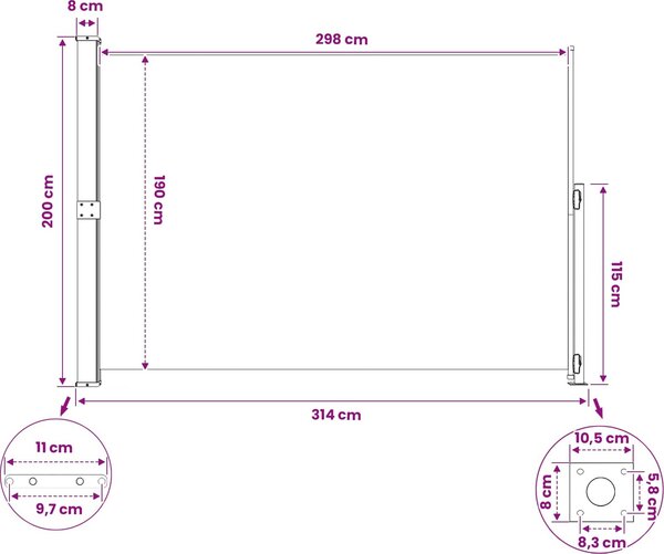 VidaXL Zatahovací boční markýza 200 x 300 cm [42035314] Barva: Šedá