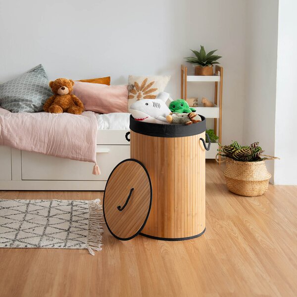 Compactor skládací koš na prádlo BAMBOO, 75 L, kulatý, 40 x 60 cm, bambus, černá látka